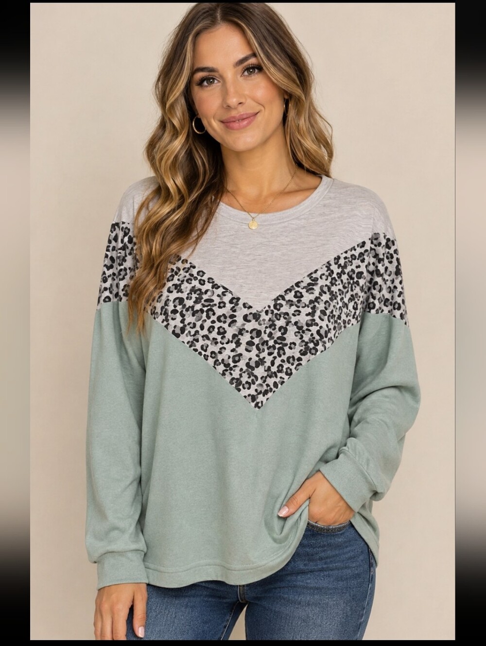 BIBI  Mint Green Colorblock Leopard Chevron Long Sleeve Top Oversized🎈